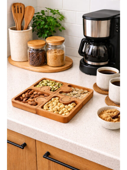 Wooden Puzzle Dry Fruit Serving Tray Handcrafted 4-Section Snack Platter Decorative Tableware Organizer
