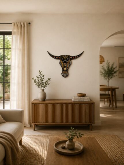 Decorative Bull Skull Wall Art Tribal Animal Hanging for Rustic Home Décor