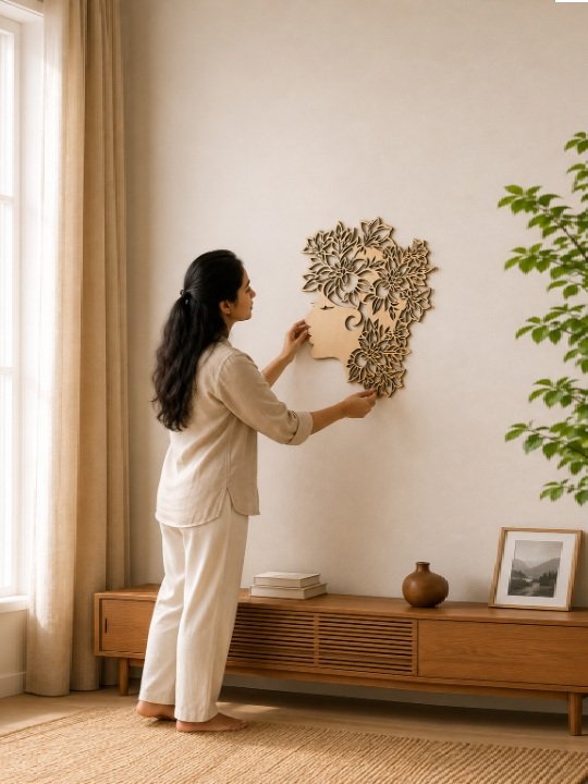 Wooden Lady Face with Floral Design Wall Décor | Artistic Wooden Wall Art - Image 3
