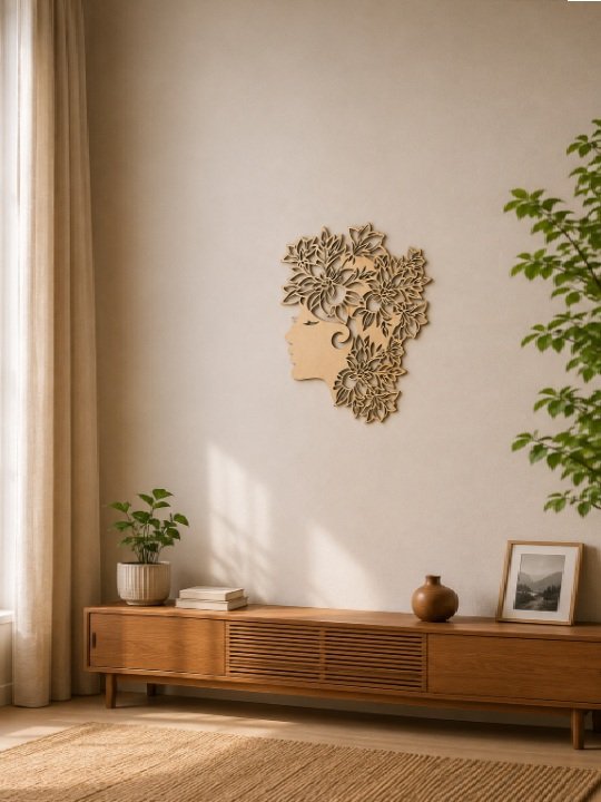 Wooden Lady Face with Floral Design Wall Décor | Artistic Wooden Wall Art
