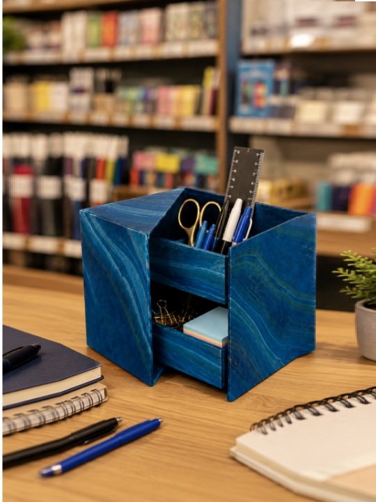 Blue Marble Folding Cube Desk Organizer Multi Functional Stationery Holder and Storage Caddy