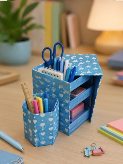 Kids Blue Heart Desk Organizer Set Folding Pen Stand and Multipurpose Stationery Caddy