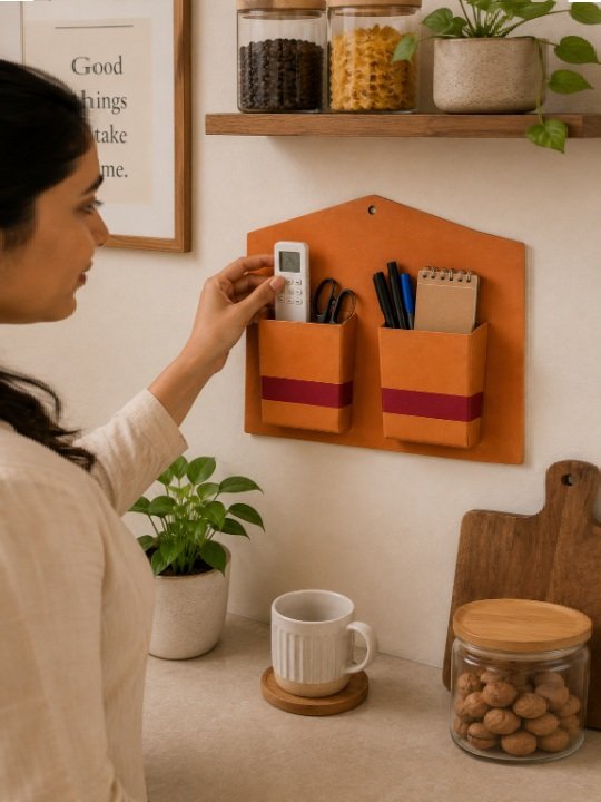 Handmade Wall Hanging Dual Pocket Organizer Eco Friendly Paper Stationery and Mail Holder - Image 3