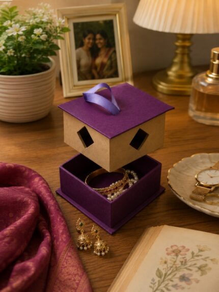 Purple and Kraft Paper Gift Box with Ribbon Handle and Geometric Diamond Cutouts