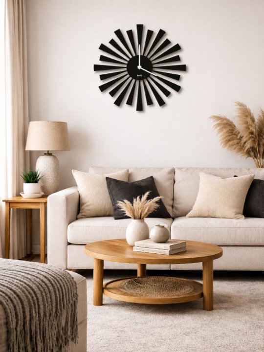 Mid-Century Modern Sunburst Wall Clock Matte Black Radial Spoke Geometric Silhouette Contemporary Designer Timepiece