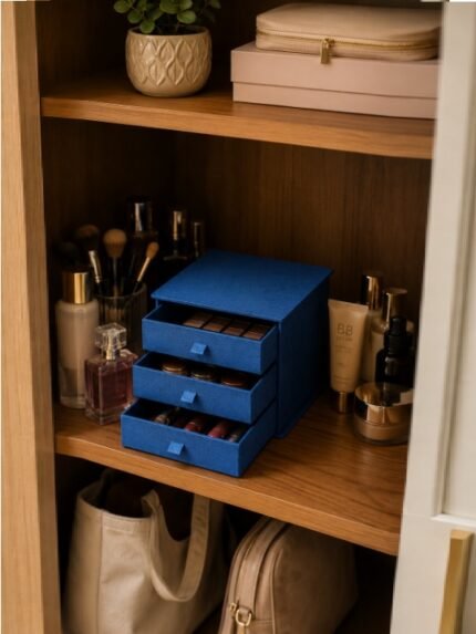 3 Drawer Blue Desktop Makeup Organizer Case Premium Jewelry Storage Box Vanity Chest
