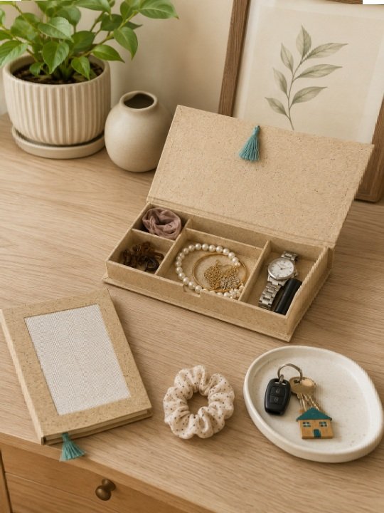 Eco Friendly Multi Compartment Jewelry Organizer Box with Jute Lid Accent and Tassel