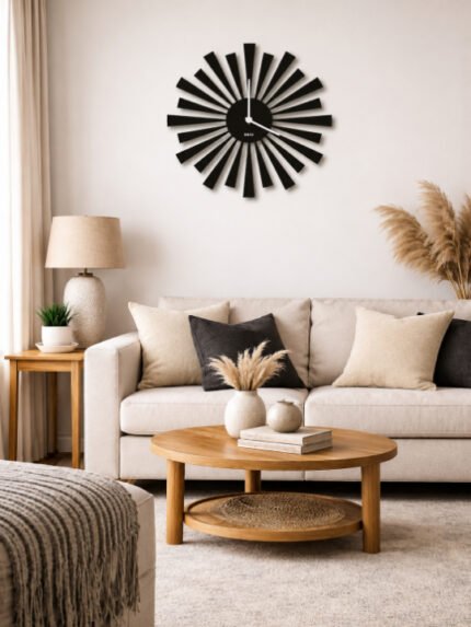 Mid-Century Modern Sunburst Wall Clock  Matte Black Radial Spoke Geometric Silhouette Contemporary Designer Timepiece