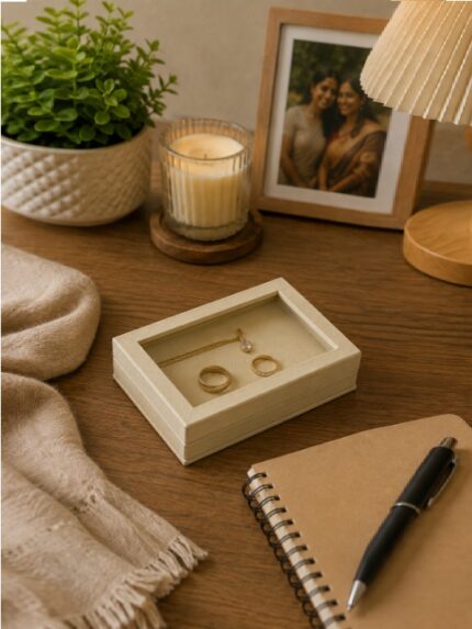 Cream Textured Cardboard Gift Box with Clear Window Top for Jewelry and Pens