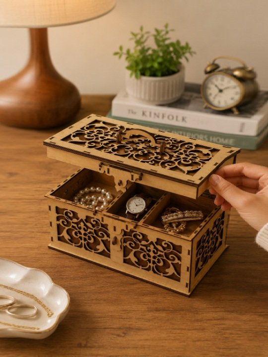 Handmade Rectangular Wooden Gift Box with Ornate Laser Cut Carvings, Handle, and Latch Lock - Image 3