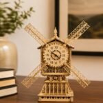 Vintage Mechanical Windmill Wooden Clock Ornate 3D Fretwork Desktop Timepiece