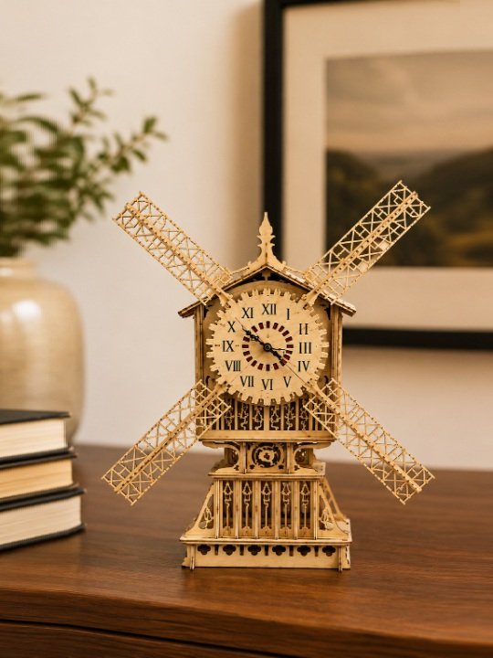 Vintage Mechanical Windmill Wooden Clock Ornate 3D Fretwork Desktop Timepiece