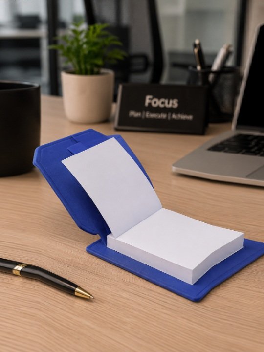 Premium Blue Leatherette Desktop Memo Pad Holder with Tree Print Cover and To-Do Notepad