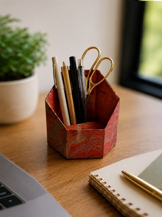 Hexagonal Marble Print Desktop Organizer and Multi-Purpose Stationery Caddy