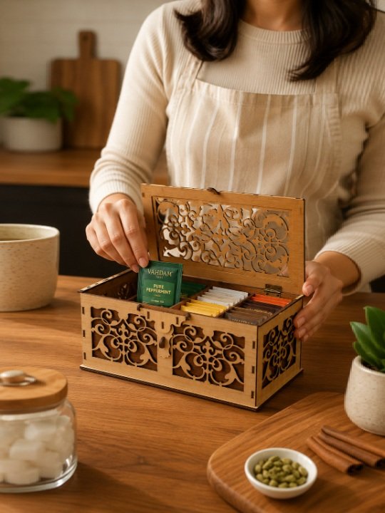 Handmade Rectangular Wooden Gift Box with Ornate Laser Cut Carvings, Handle, and Latch Lock - Image 4