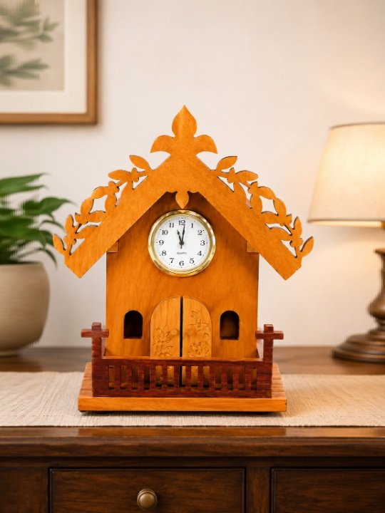 Mini Fret Wooden House Clock Desktop Tabletop Chalet Decorative Timepiece
