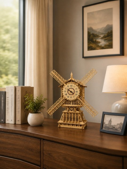 Vintage Mechanical Windmill Wooden Clock Ornate 3D Fretwork Desktop Timepiece - Image 3
