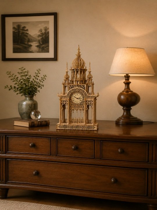 Grand Cathedral Tower Wooden Clock Ornate Gothic Fretwork Desktop Decorative Timepiece - Image 4