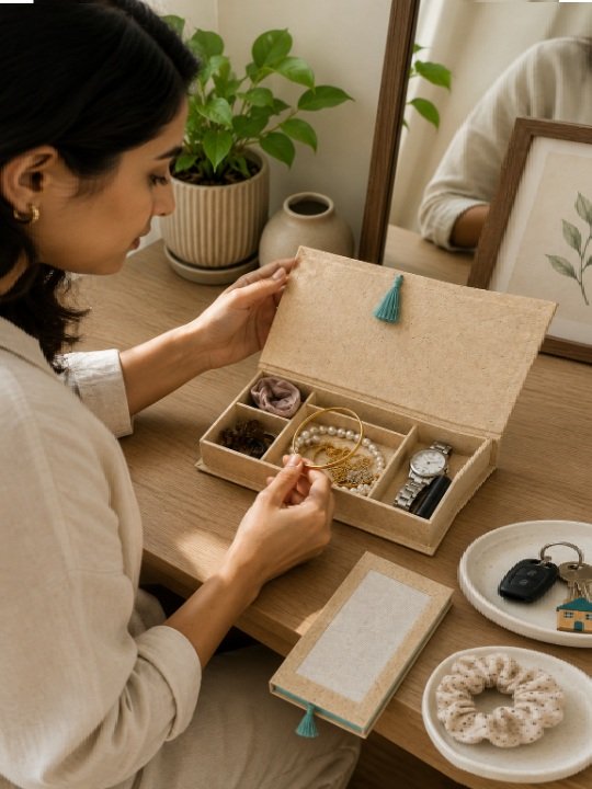 Eco Friendly Multi Compartment Jewelry Organizer Box with Jute Lid Accent and Tassel - Image 3