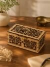 Handmade Rectangular Wooden Gift Box with Ornate Laser Cut Carvings, Handle, and Latch Lock