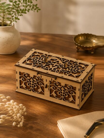 Handmade Rectangular Wooden Gift Box with Ornate Laser Cut Carvings, Handle, and Latch Lock
