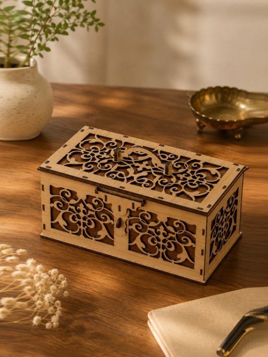 Handmade Rectangular Wooden Gift Box with Ornate Laser Cut Carvings, Handle, and Latch Lock