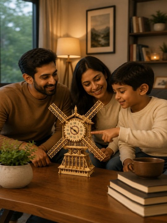 Vintage Mechanical Windmill Wooden Clock Ornate 3D Fretwork Desktop Timepiece - Image 4