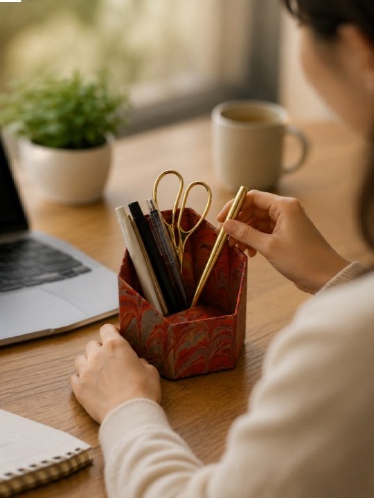 Hexagonal Marble Print Desktop Organizer and Multi-Purpose Stationery Caddy - Image 3