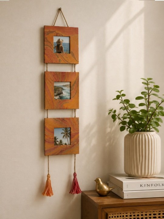 Vertical Wall Hanging 3 Tier Collage Photo Frame with Elegant Bottom Tassels