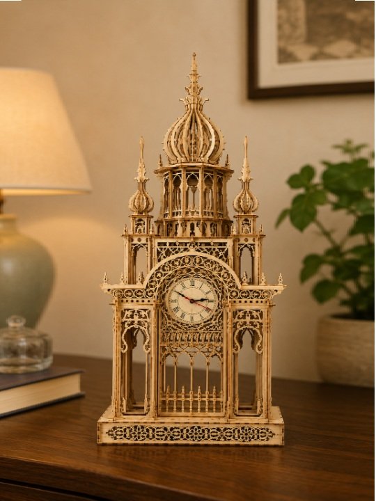 Grand Cathedral Tower Wooden Clock Ornate Gothic Fretwork Desktop Decorative Timepiece