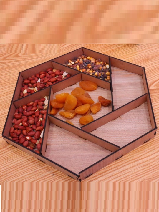 Hexagon Wooden Dry Fruit Serving Tray | Handcrafted Multi-Section Snack Platter | Decorative Tableware Organizer