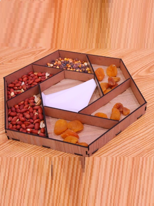 Hexagon Wooden Dry Fruit Serving Tray | Handcrafted Multi-Section Snack Platter | Decorative Tableware Organizer - Image 3