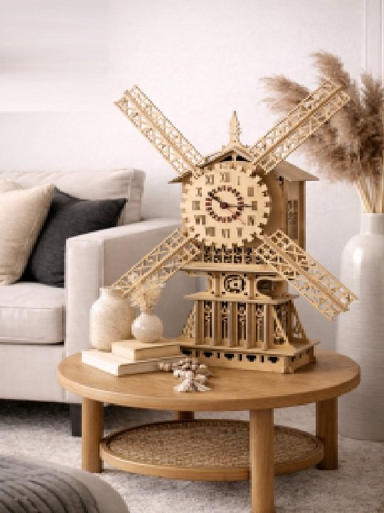Vintage Mechanical Windmill Wooden Clock Ornate 3D Fretwork Desktop Timepiece - Image 5
