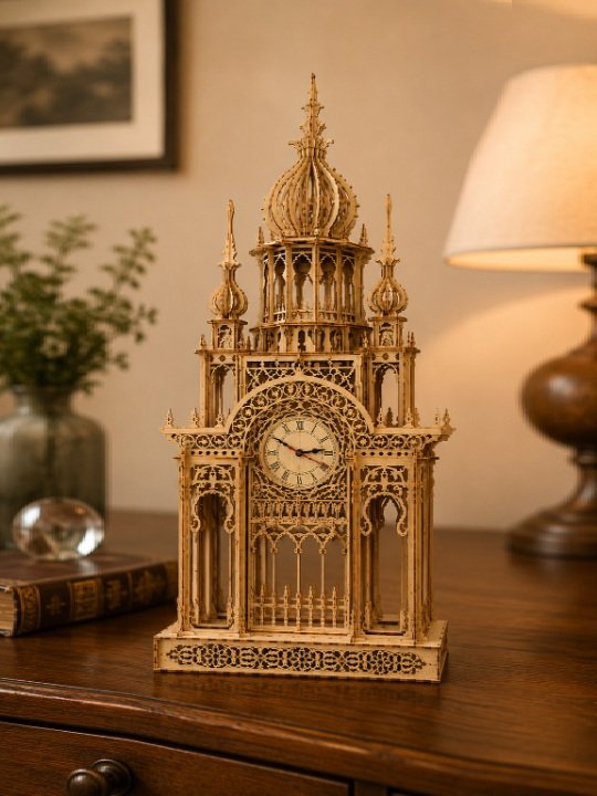 Grand Cathedral Tower Wooden Clock Ornate Gothic Fretwork Desktop Decorative Timepiece - Image 3