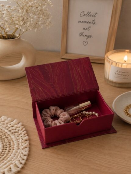 Handmade Maroon Red Marble Print Magnetic Keepsake Box Premium Card and Jewelry Storage Case