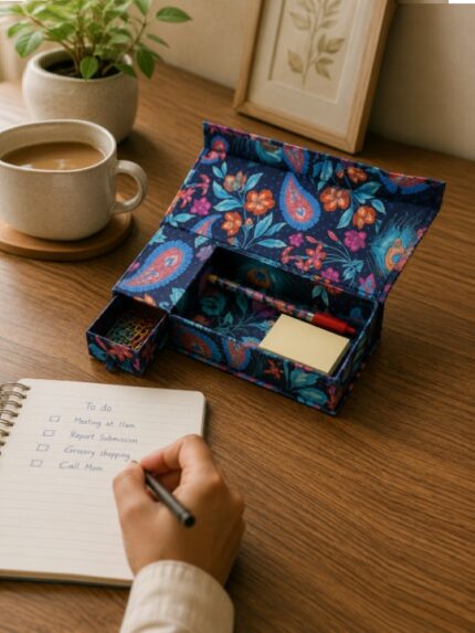 Peacock Paisley Print Multi Compartment Pencil Box Desktop Stationery Organizer Case with Drawer