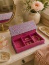 Pink Floral Brocade Jewelry Organizer Box with Removable Tiered Storage Tray