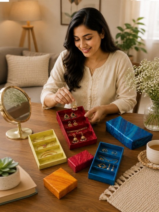 Folding Jewelry Organizer Box with Multi Tier Earring Display Tray and Gold Marble Print - Image 3
