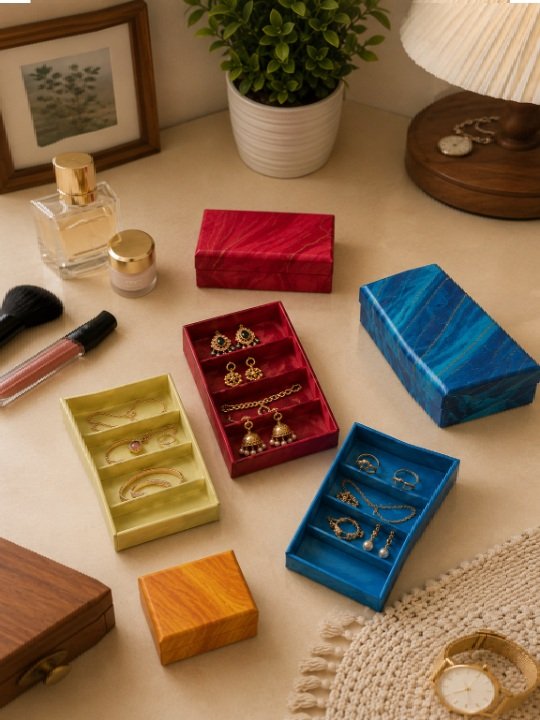 Folding Jewelry Organizer Box with Multi Tier Earring Display Tray and Gold Marble Print