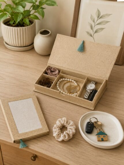 Eco Friendly Multi Compartment Jewelry Organizer Box with Jute Lid Accent and Tassel
