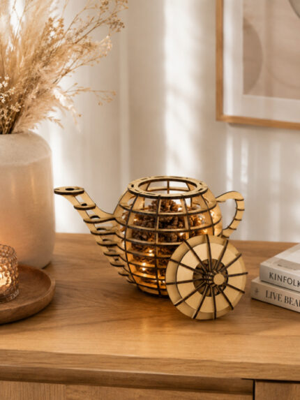 Creative 3D Wooden Teapot Sculpture | Open Skeletal Geometric Interlocking Table Decor Piece
