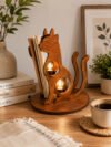 Creative Wooden Twin Cat Desk Lamp & Magazine Organizer | Laser-Cut Silhouette Accent Light Multipurpose Table Decor
