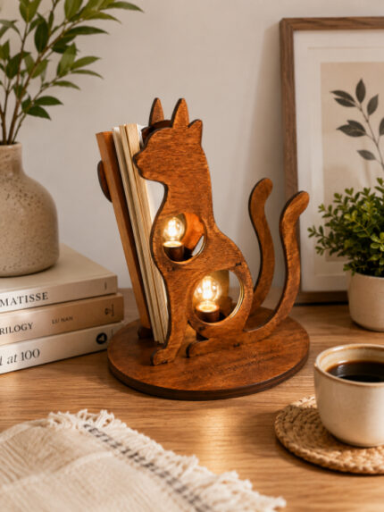 Creative Wooden Twin Cat Desk Lamp & Magazine Organizer | Laser-Cut Silhouette Accent Light Multipurpose Table Decor