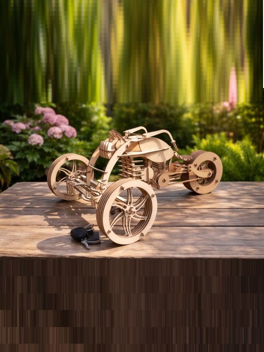 Futuristic Mechanical Wooden Trike Model | 3D Laser-Cut Open-Air Roadster Puzzle Sculpture Table Decor - Image 4