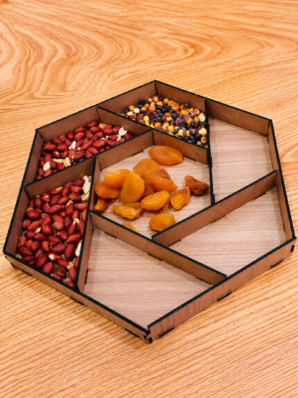 Hexagon Wooden Dry Fruit Serving Tray Handcrafted Multi-Section Snack Platter Decorative Tableware Organize