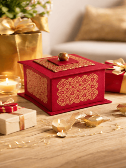 Luxury Red Velvet Jewelry Storage Box with Gold Brocade Accents and Wooden Knob Lid