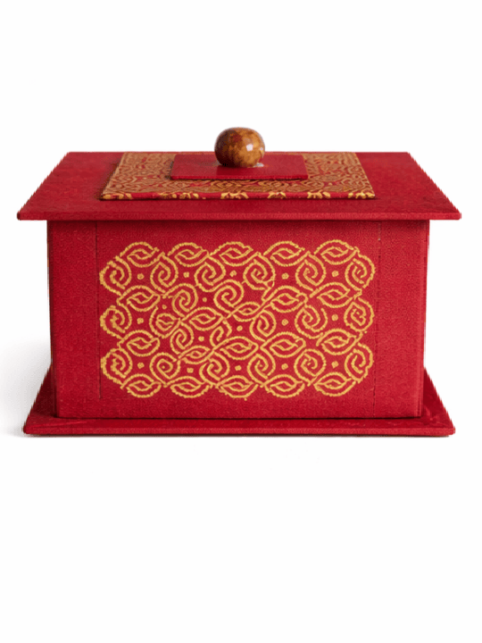 Luxury Red Velvet Jewelry Storage Box with Gold Brocade Accents and Wooden Knob Lid - Image 4