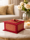 Luxury Red Velvet Jewelry Storage Box with Gold Brocade Accents and Wooden Knob Lid