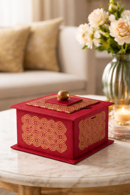 Luxury Red Velvet Jewelry Storage Box with Gold Brocade Accents and Wooden Knob Lid
