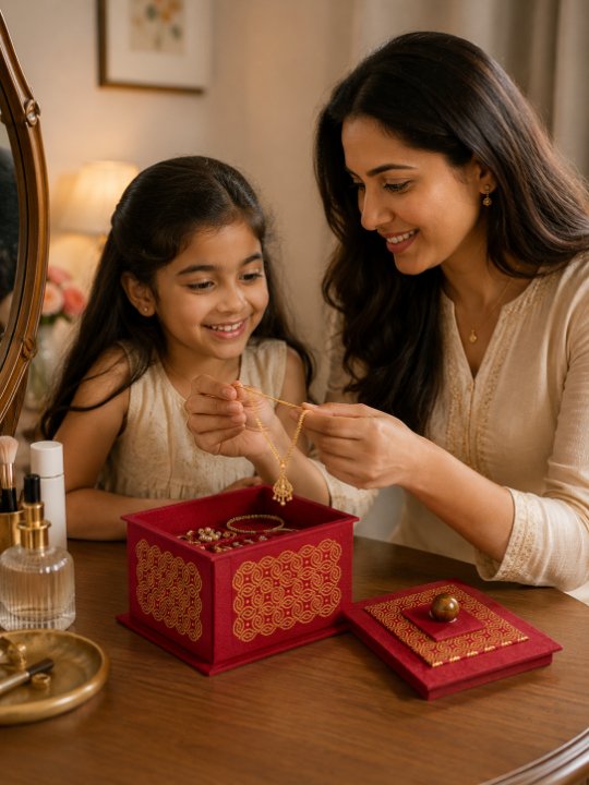 Luxury Red Velvet Jewelry Storage Box with Gold Brocade Accents and Wooden Knob Lid - Image 3
